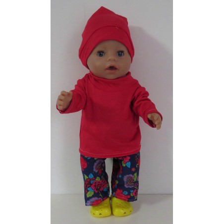 broek set donker blauw bloemen rood baby born 43cm