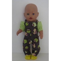 jumpsuit grijs uilen met groen baby born 43cm