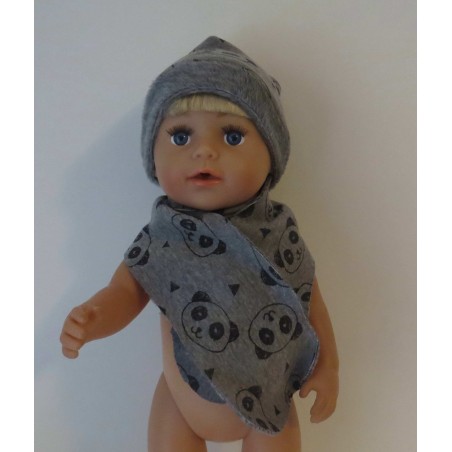 muts met sjaal grijs panda baby born 43cm