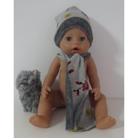 muts met sjaal grijs bloemen baby born 43cm