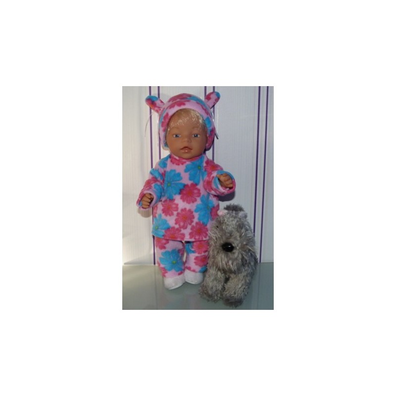 fleecepak roze met bloemen roze/blauw baby born 43cm