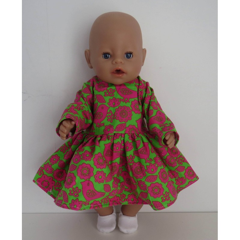 jurk groen met vogels hard roze baby born 43cm