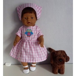 jurk roze geruit met uil baby born 43cm