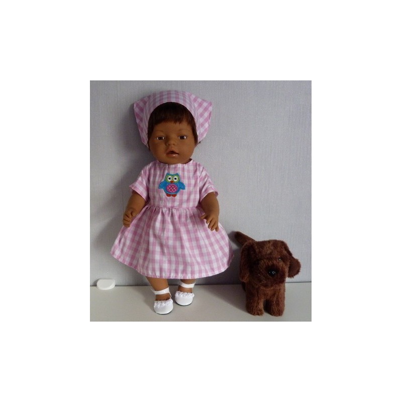 jurk roze geruit met uil baby born 43cm