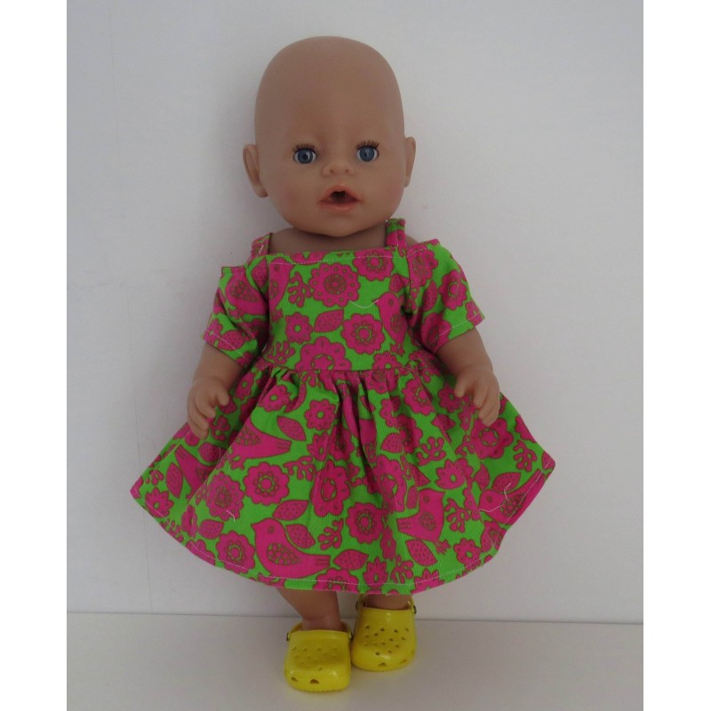 zomersejurk groen met vogels hard roze baby born 43cm