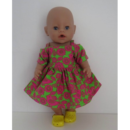 zomersejurk groen met vogels hard roze baby born 43cm