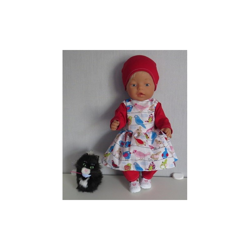 vrolijkejurk set wit vogels met rood baby born 43cm