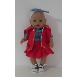 plooirok setje rood met blauw baby born 43cm