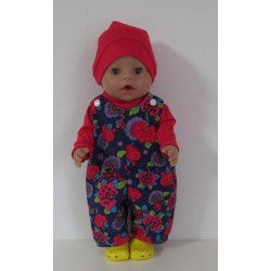 overal setje donker blauw met bloemen  baby born 43cm